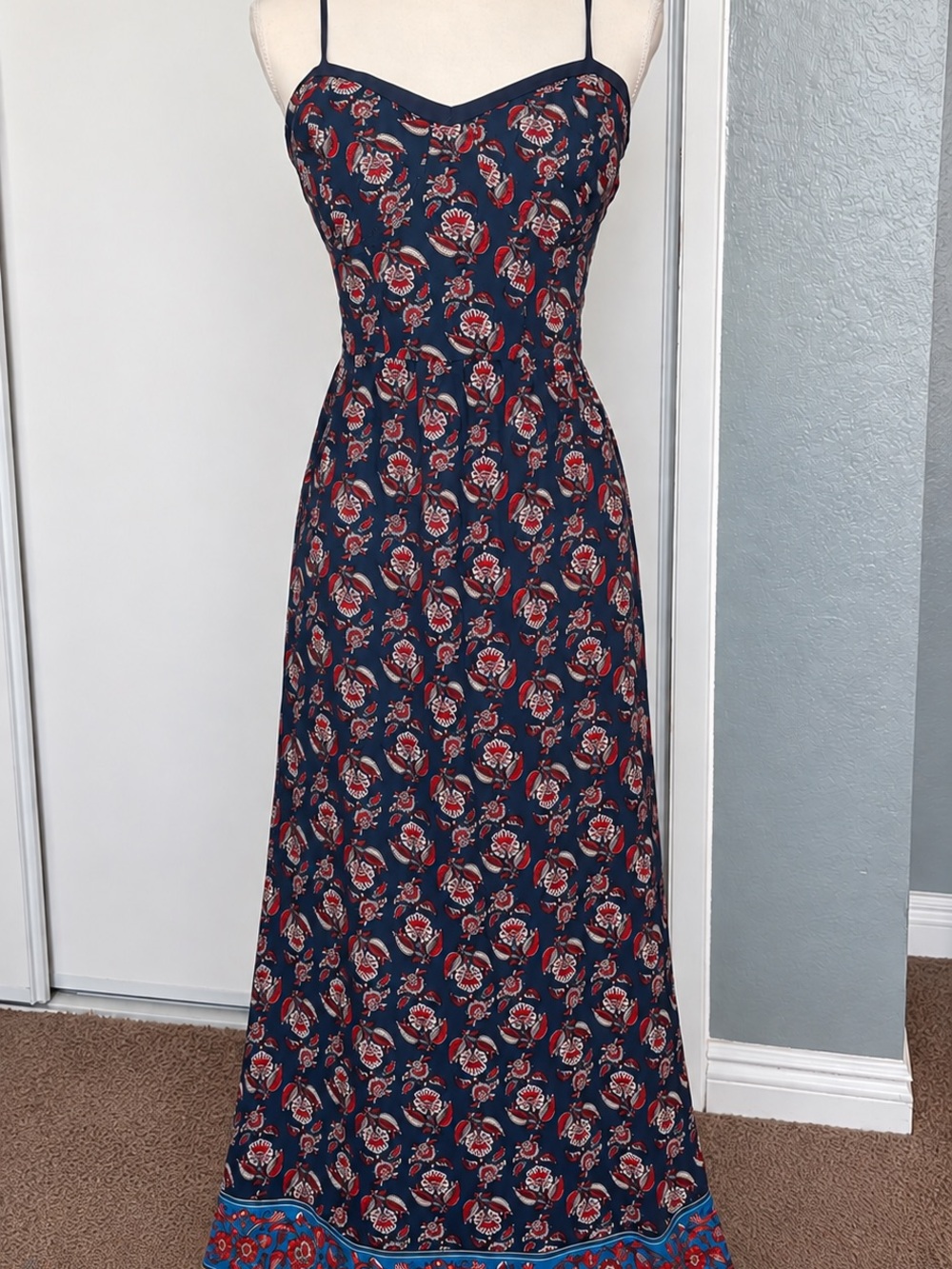 Xhilaration Navy Maxi Dress with Red Floral Print and Blue Border Size XL